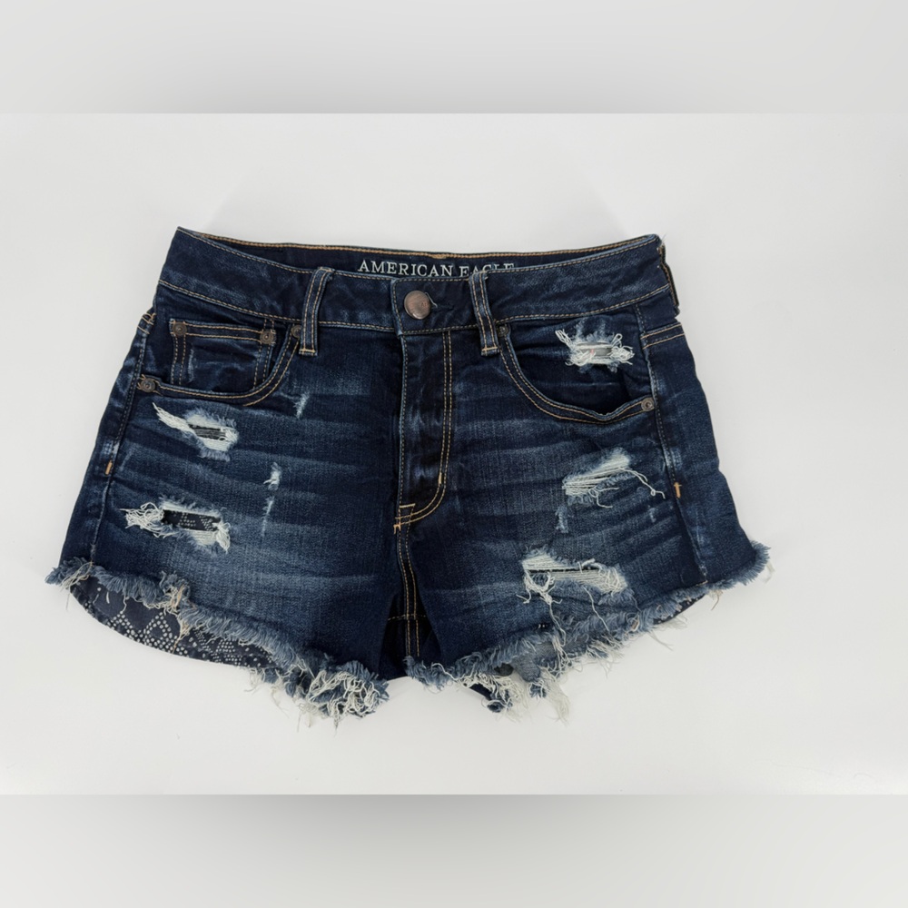 American Eagle Hi-Rise Festival Denim Shorts Distressed Frayed Hem Size 4